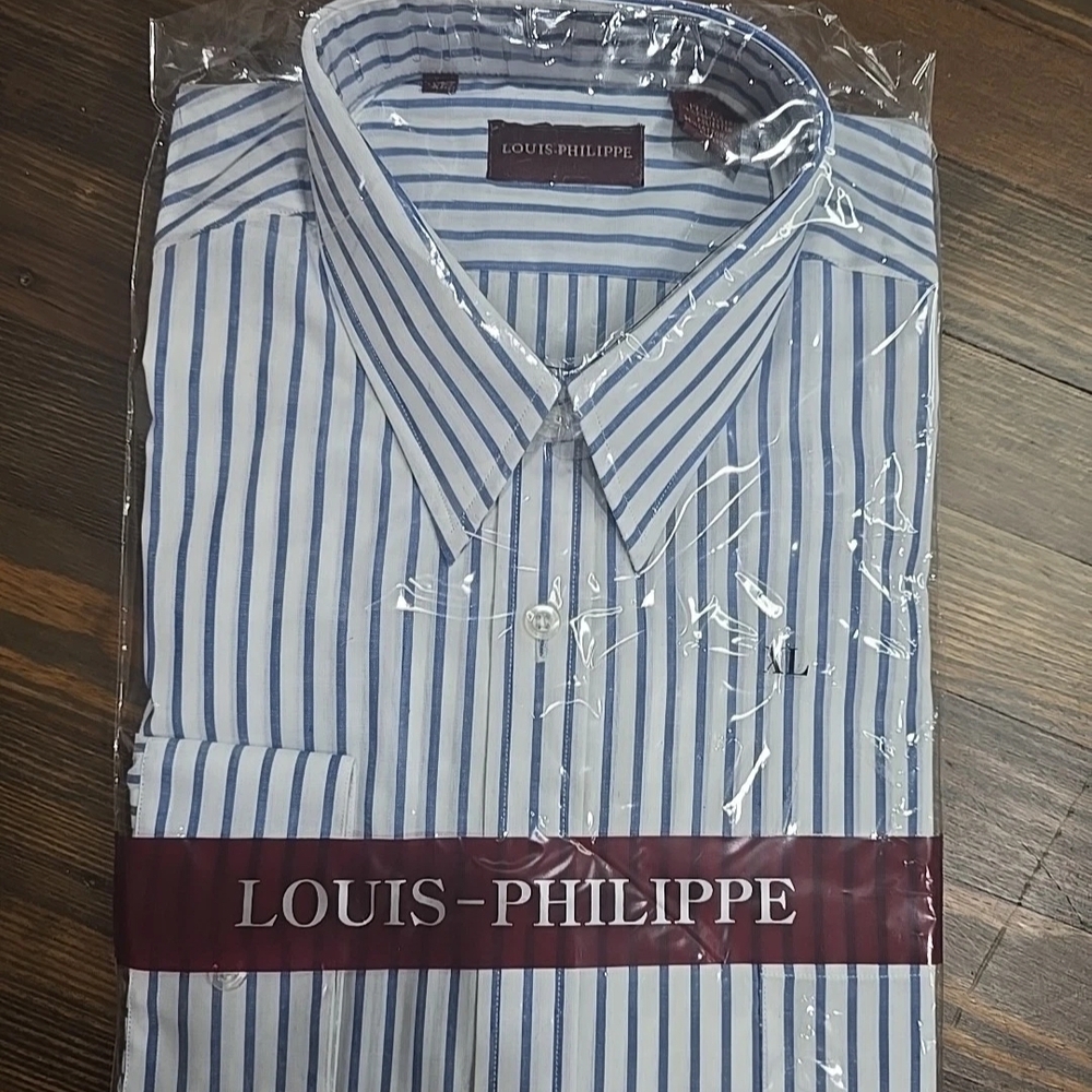 Louis Philippe Men's White and Blue Striped Dress Shirt